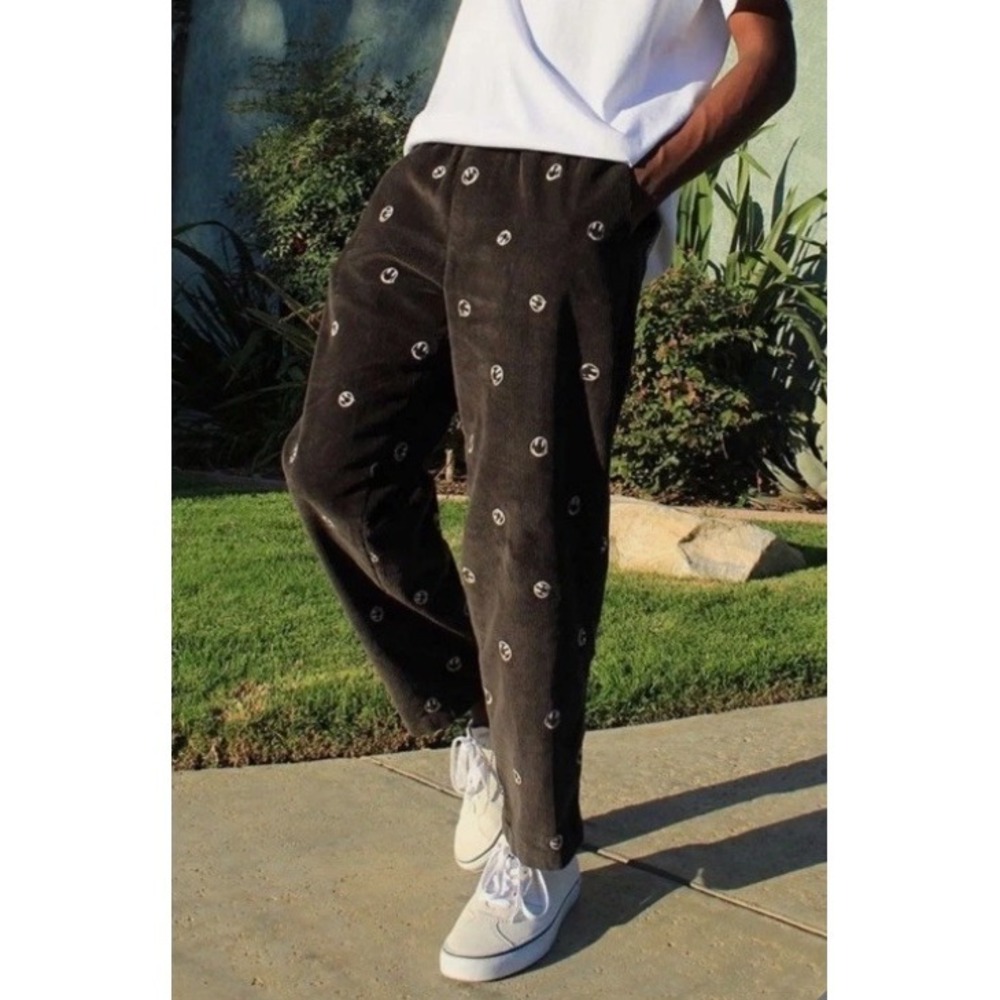 Urban Outfitters Men's Black Corduroy Smiley Face Tie Waist Pants Sz S Whimsical